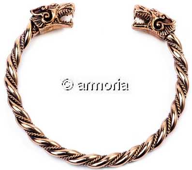 Bracelet Torque Viking Têtes de Loup gueule ouverte petit modèle en bronze 