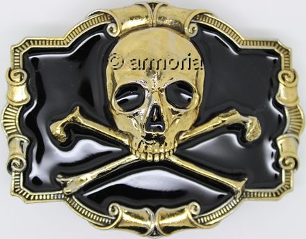 Boucle de ceinture Crâne et Tibias sur décor plaquée or, noire