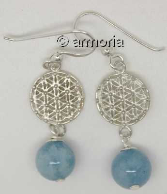 Boucles d'Oreilles Fleur de Vie et Boule d'Aigue Marine en argent