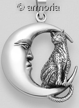 Pendentif Chat assis sur la Lune en argent