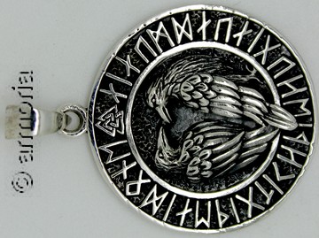 Pendentif Corbeaux Hugin et Munin avec runes et Valknut en argent