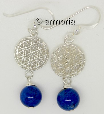 Boucles d'Oreilles Fleur de Vie et Boule de Lapis Lazuli en argent