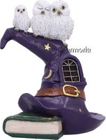 Figurine Chouettes Blanches sur Chapeau de Sorcière