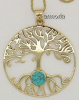 Pendentif Arbre de Vie et cabochon turkenite avec chaine, en laiton