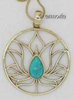 Pendentif Fleur de lotus et cabochon Turkenite avec chaine, en laiton 