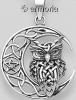 Pendentif Hibou sur Lune Celte et Pentacle en argent