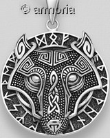 Pendentif Tête de Loup cerclée de runes en argent