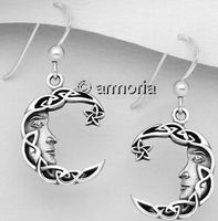 Boucles d'Oreilles Lune Entrelacs avec Visage et Etoile en argent, 1.4 cm