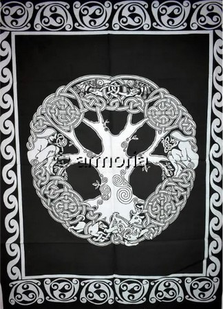 Tenture Arbre de Vie Celte Rond noire et blanche, 140 x 210 cm