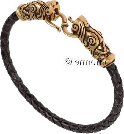Bracelet Viking cuir noir et bronze avec têtes de dragon de Gotland-petit modèle