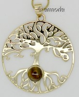 Pendentif Arbre de Vie et cabochon oeil de tigre avec chaine, en laiton 