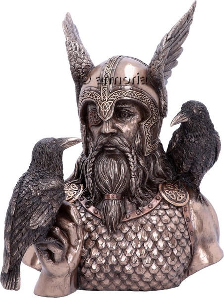 Figurine Buste de Odin avec les Corbeaux Hugin et Munin aspect bronze 