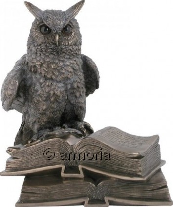Figurine Hibou posé sur des Livres en résine aspect bronze 