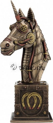 Figurine Tête de Licorne Steampunk sur Socle en résine aspect bronze 