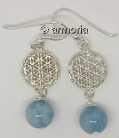 Boucles d'Oreilles Fleur de Vie et Boule d'Aigue Marine en argent