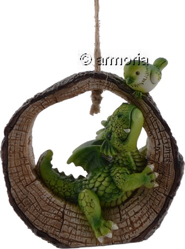 Figurine Dragon Vert dans Tronc d'Arbre avec Oiseau Vert 