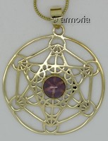 Pendentif Cube de Metatron et Cabochon Améthyste avec chaine, en laiton