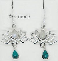 Boucles d'oreilles Fleur de Lotus en argent avec turkénite et pierre de lune