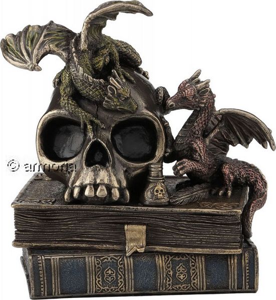 Boite livres surmontés d'un Crâne et de deux Dragons aspect bronze