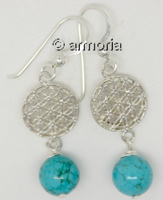 Boucles d'Oreilles Fleur de Vie et Boule de Turquoise en argent