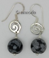 Boucles d'Oreilles en argent Spirales et perle en Obsidienne Neige 