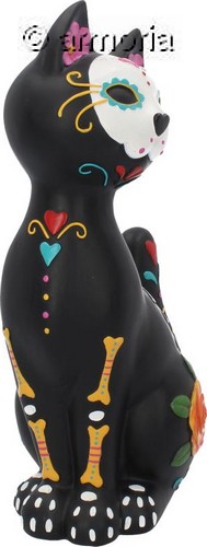 Figurine Chat noir assis décoré de Fleurs