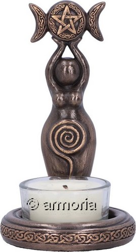 Figurine et Bougeoir Triple Déesse Triple Lune avec Pentacle aspect bronze