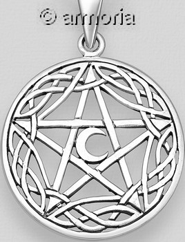 Pendentif Pentacle et petit croissant de lune cerclé d'entrelacs en argent