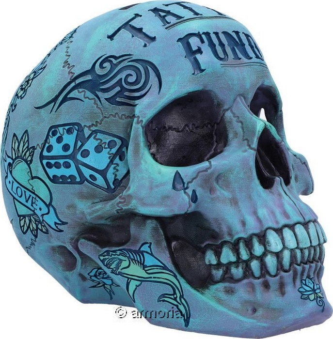 Figurine Tire-lire  Crâne Tête de mort Tatoo bleue 