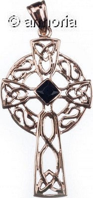 Pendentif Croix Celtique avec Entrelacs et Cristal Noir en bronze 