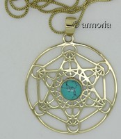 Pendentif Cube de Metatron et Cabochon Turkénite avec chaine, en laiton 