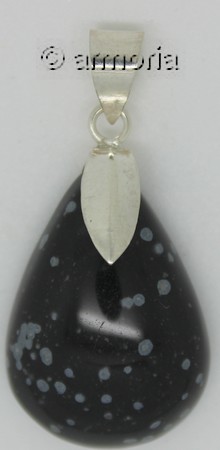 Pendentif en Obsidienne Neige décorée d'une Feuille en argent 