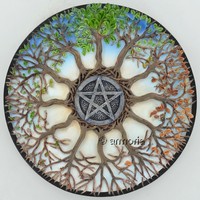 Plaque murale ronde Arbre Saisons Pentacle 