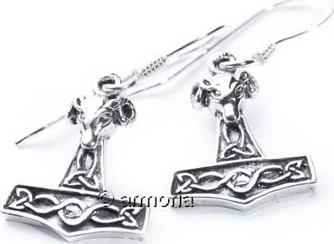 Boucles d'Oreilles Marteau de Thor avec Tête de Bélier en argent 