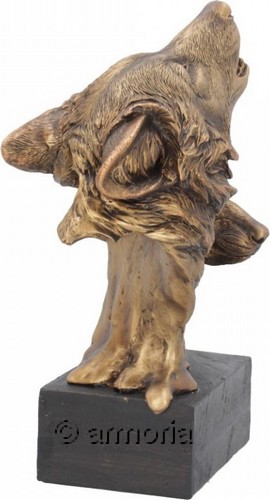 Figurine Deux Têtes de Loup sur socle aspect bronze