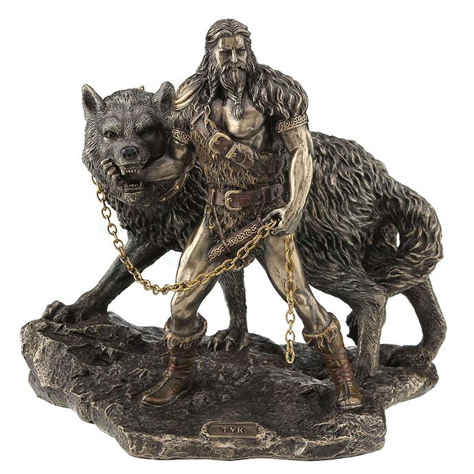 Figurine du Dieu Tyr avec Fenrir en résine aspect bronze Marque Veronese