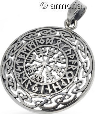 Pendentif Boussole Vegvisir, futhark et entrelacs en argent