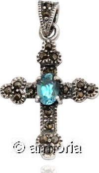 Pendentif Croix Médiévale en argent avec Cristal Bleu et Marcassite 