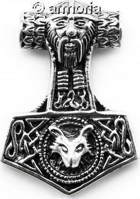 Pendentif Marteau de Thor avec Tête d'Odin et son Loup en argent  3.1 cm