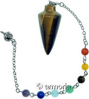 Pendule en Oeil de Tigre forme Cône et perles chakras 