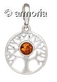 Pendentif Arbre de Vie en argent avec Cabochon en Ambre Cognac 