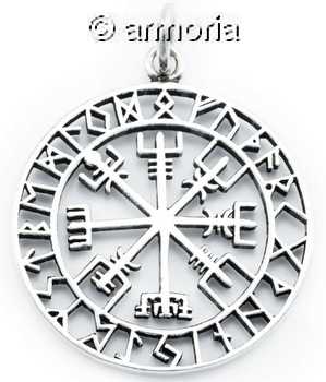 Pendentif Viking Boussole Vegvisir cerclé de Runes en argent , 3.6 cm
