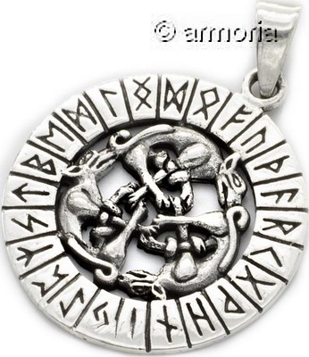 Pendentif Chiens Celtes entrelacés cerclés de runes en argent