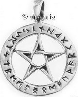 Pendentif Pentacle cerclé du Futhark Runes en argent 