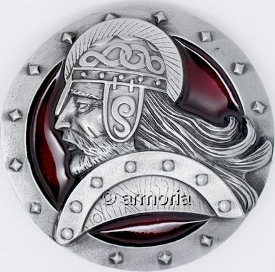Boucle de ceinture Tête Guerrier Viking, fond rouge