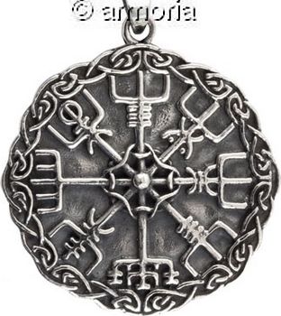 Pendentif Viking Boussole Vegvisir cerclé d'entrelacs en argent, 2.8 cm