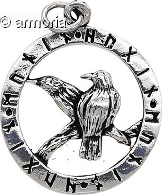 Pendentif Viking Corbeaux Hugin et Munin cerclé de runes en argent 