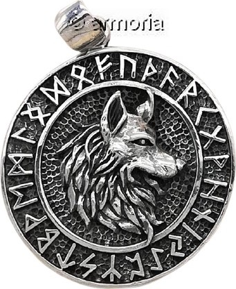 Pendentif Viking Tête de Loup cerclée de Runes en argent 