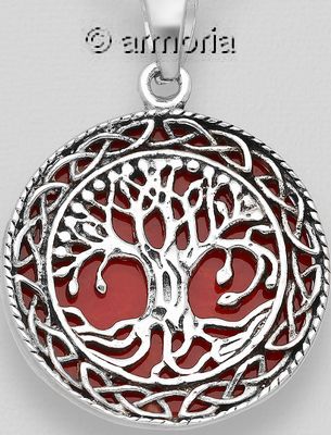 Pendentif Arbre de Vie en argent, fond rouge 