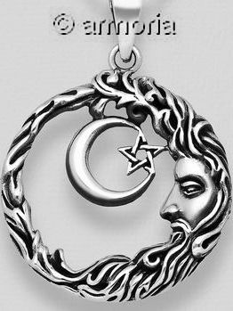 Pendentif Lune, Visage et Pentacle en argent